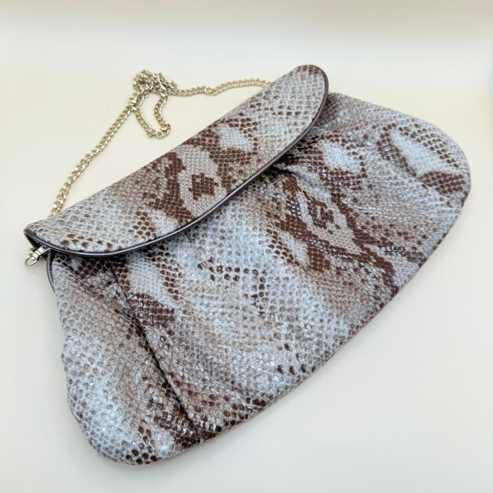 Chico's Large Brown Animal Print Snakeskin Style Clutch Chain Crossbody Handbag